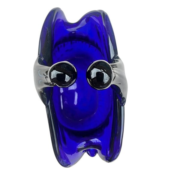 Murano Blown Glass Vase Basket Shape Cobalt Blue With Gold Sparkling Accents - Picture 5 of 15